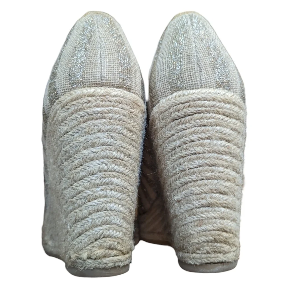 NINE West Cream & Metallic Striped Rope Platform Wedge Slip On Espadrilles (10)